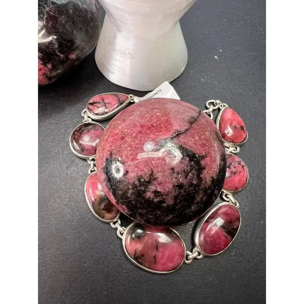 New Rhodonite free form sterling silver link bracelet